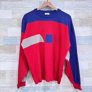 NILS Sweden Vintage 90s Wool Colorblock Ski Lodge Sweater Red Blue Mens XL
